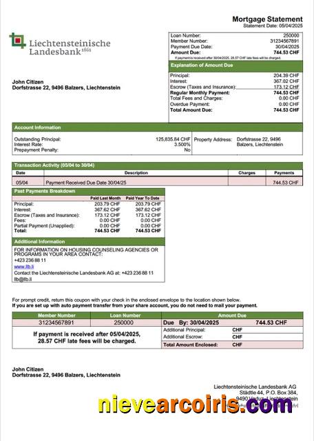 Liechtenstein Liechtensteinische Landesbank AG mortgage statement Word and PDF template